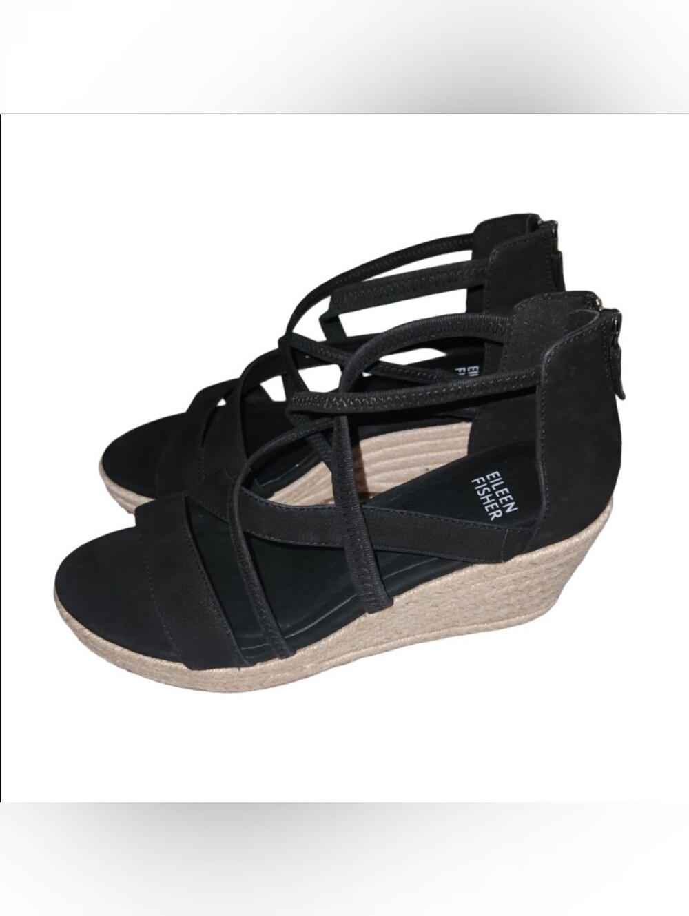 Eileen Fisher Wanda Tumbled Nubuck Espadrille Sandals Braided Jute Sole 7.5